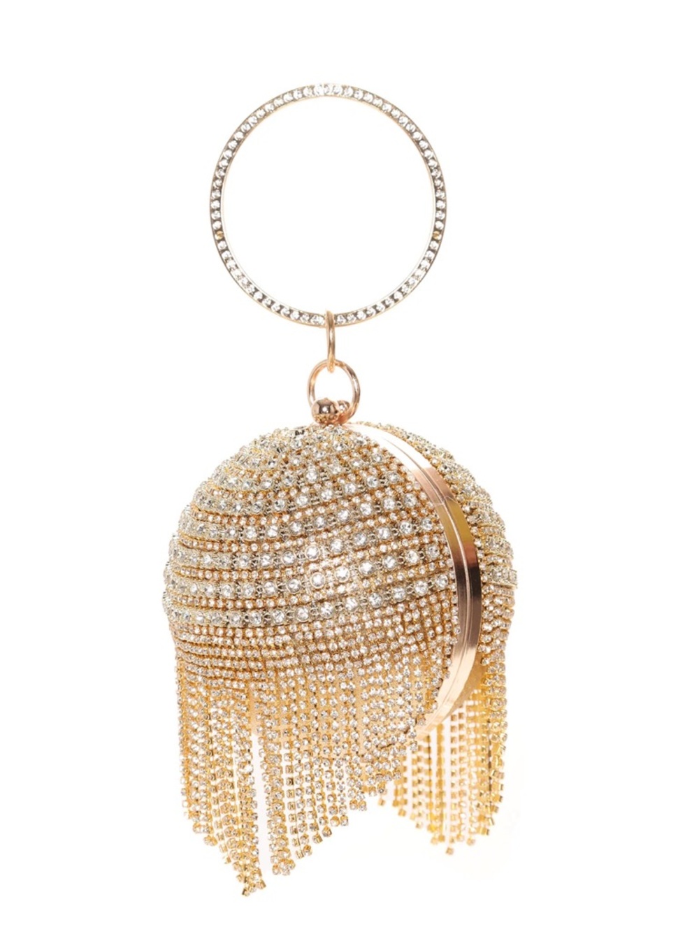 Gold Crystal Fringe Sphere Wristlet Clutch